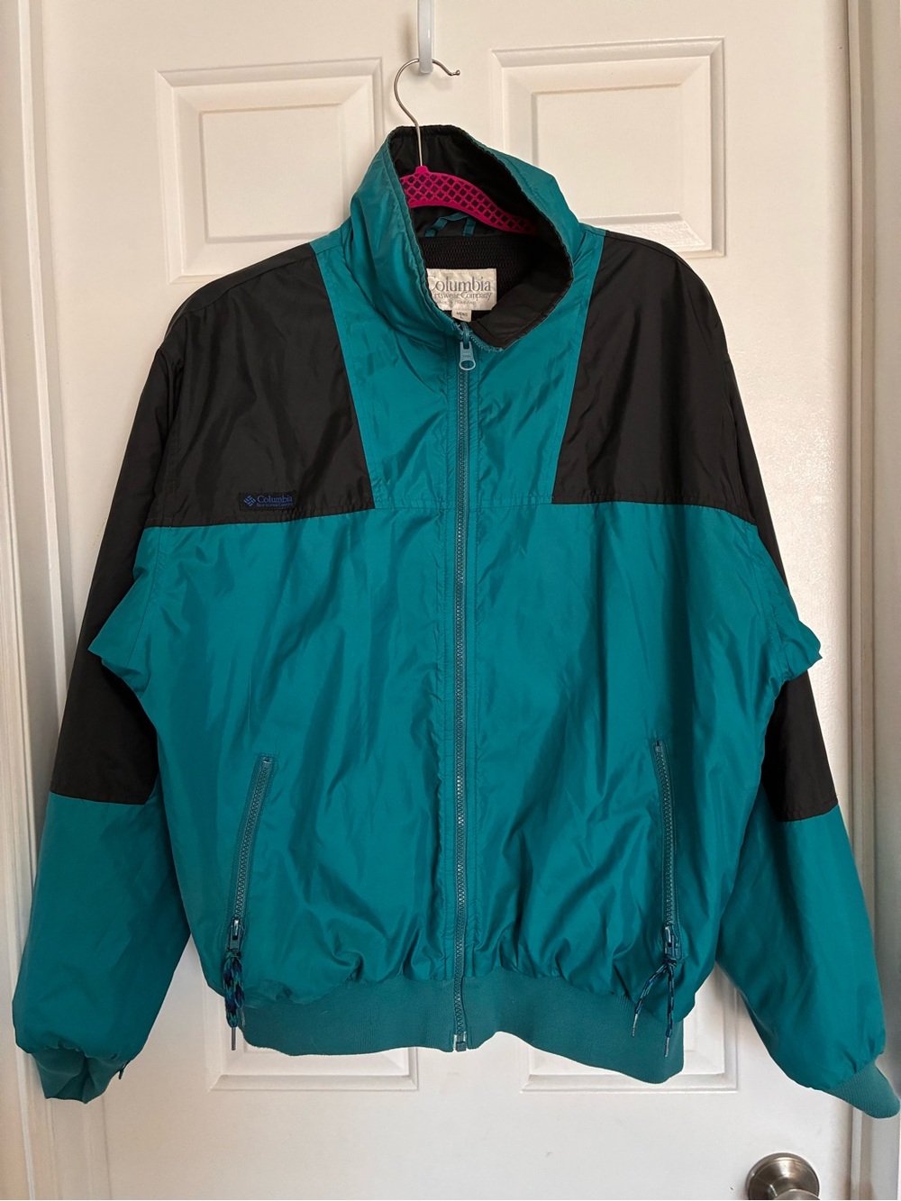 Columbia Vintage Men’s Teal and Black Windbreaker Jacket Full Zip Large